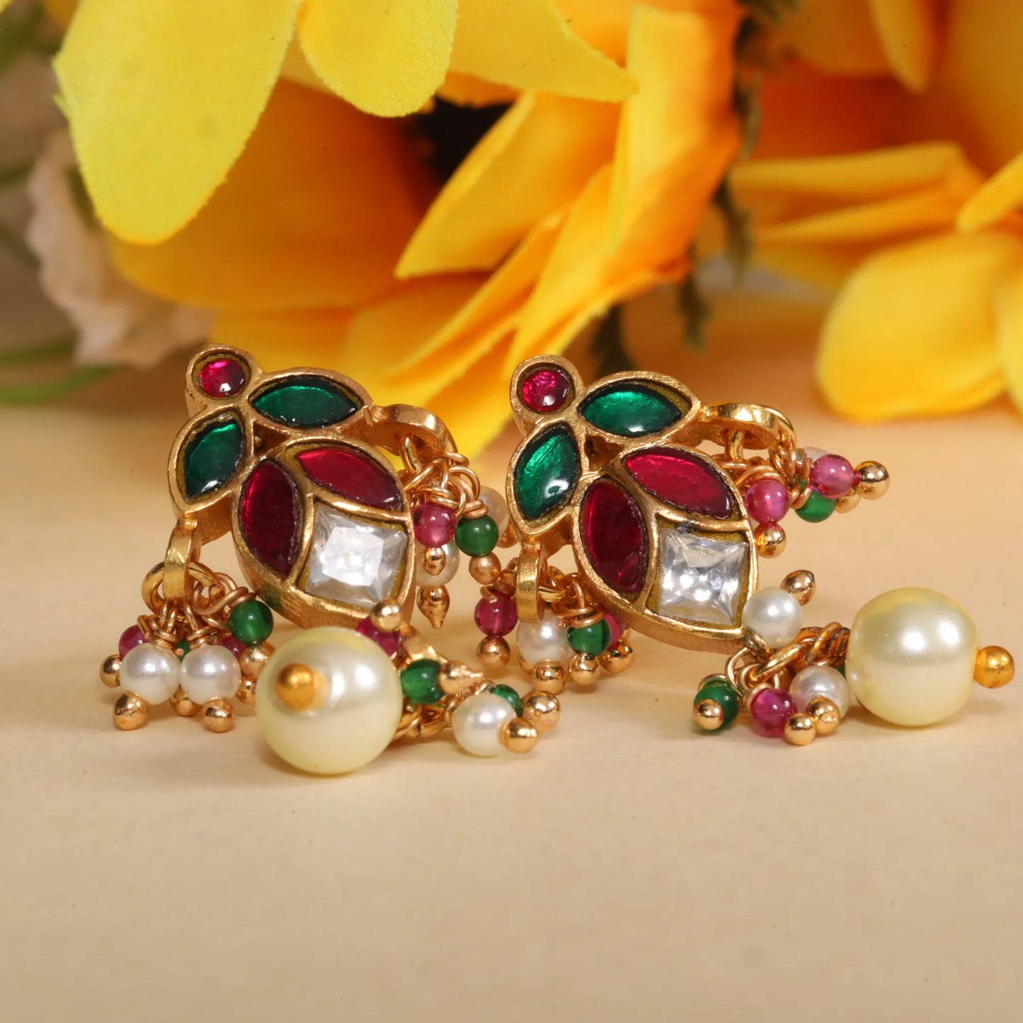 Simple and Cute Jadau Kundan Stud Earrings with Pearl Hangings