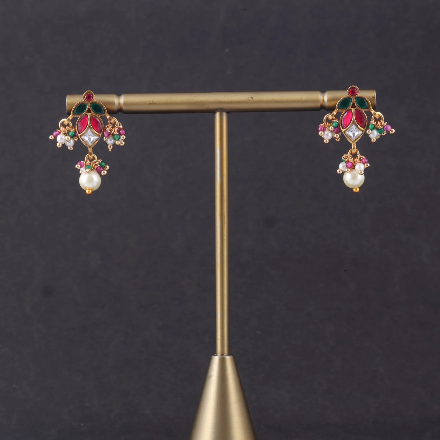 Simple and Cute Jadau Kundan Stud Earrings with Pearl Hangings