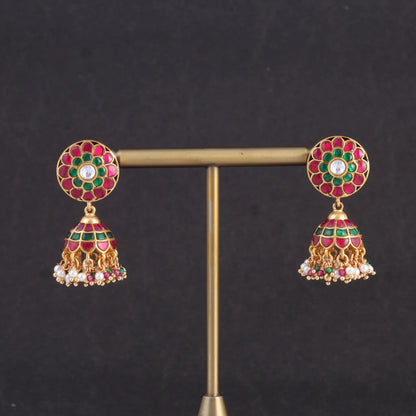 Classic Floral Pattern Jadau Kundan Jhumka Earrings with Pearl, Red and Green Beads Hangings