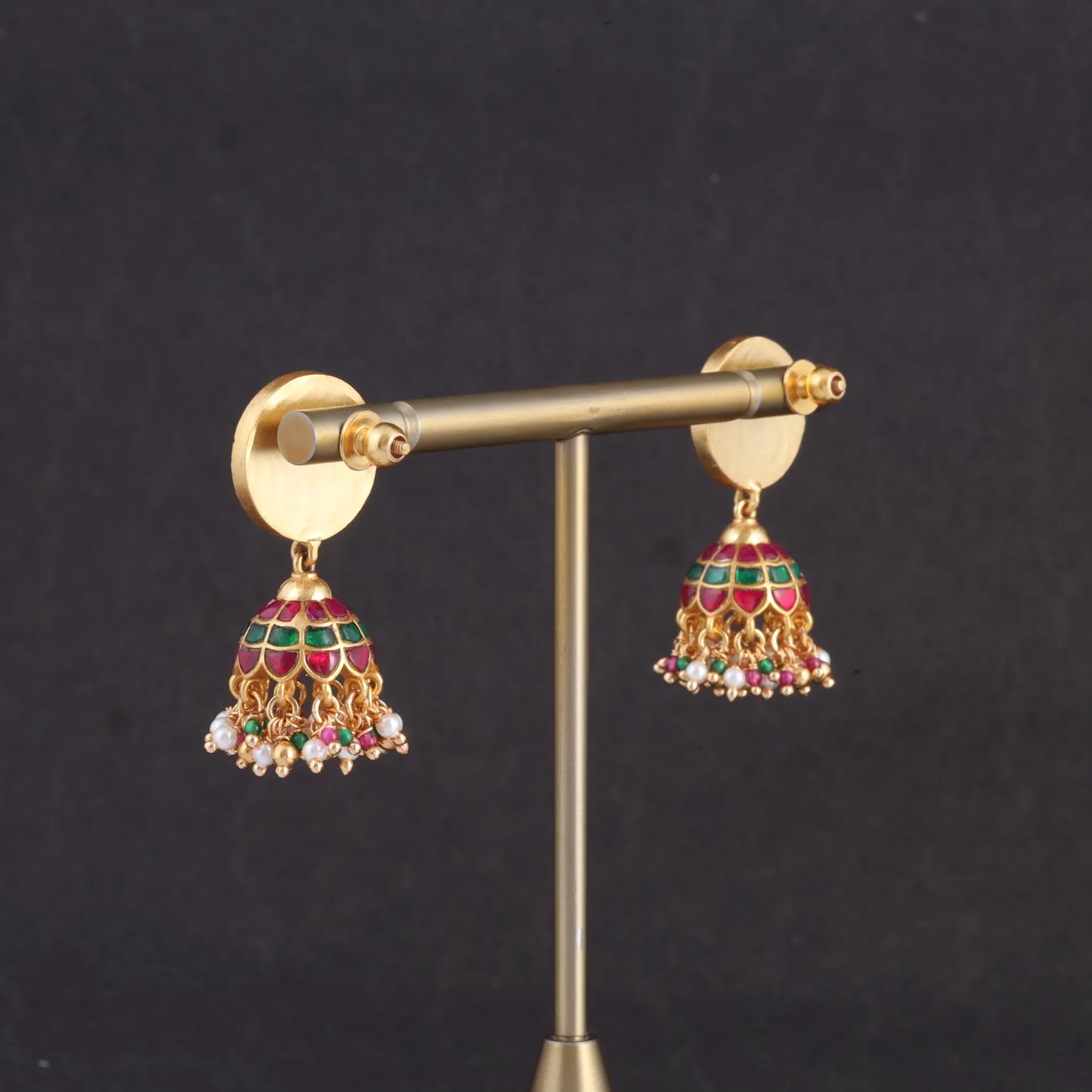 Classic Floral Pattern Jadau Kundan Jhumka Earrings with Pearl, Red and Green Beads Hangings