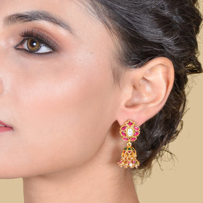 Alluring Designer Jadau Kundan Jhumka Earrings with Pearl Beads