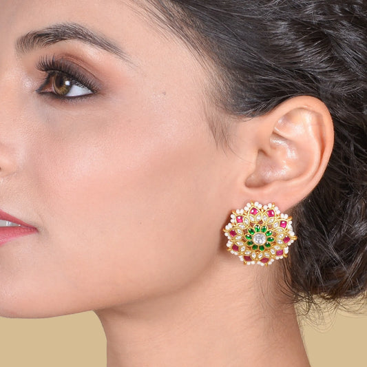 Charming Designer Floral  Jadau Kundan Stud Earrings with Pearl Beads