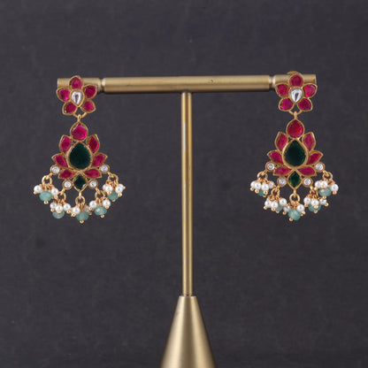 Simple and Elegant Floral Pattern Jadau Kundan Earrings with Pearl and Green Beads Hangings