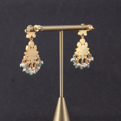 Simple and Elegant Floral Pattern Jadau Kundan Earrings with Pearl and Green Beads Hangings