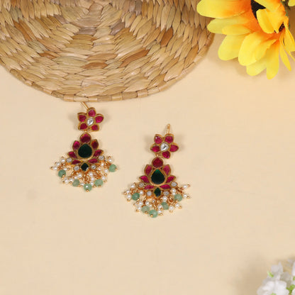 Simple and Elegant Floral Pattern Jadau Kundan Earrings with Pearl and Green Beads Hangings