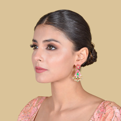 Simple and Elegant Floral Pattern Jadau Kundan Earrings with Pearl and Green Beads Hangings