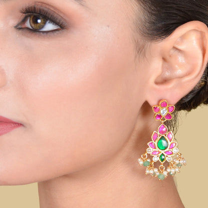 Simple and Elegant Floral Pattern Jadau Kundan Earrings with Pearl and Green Beads Hangings