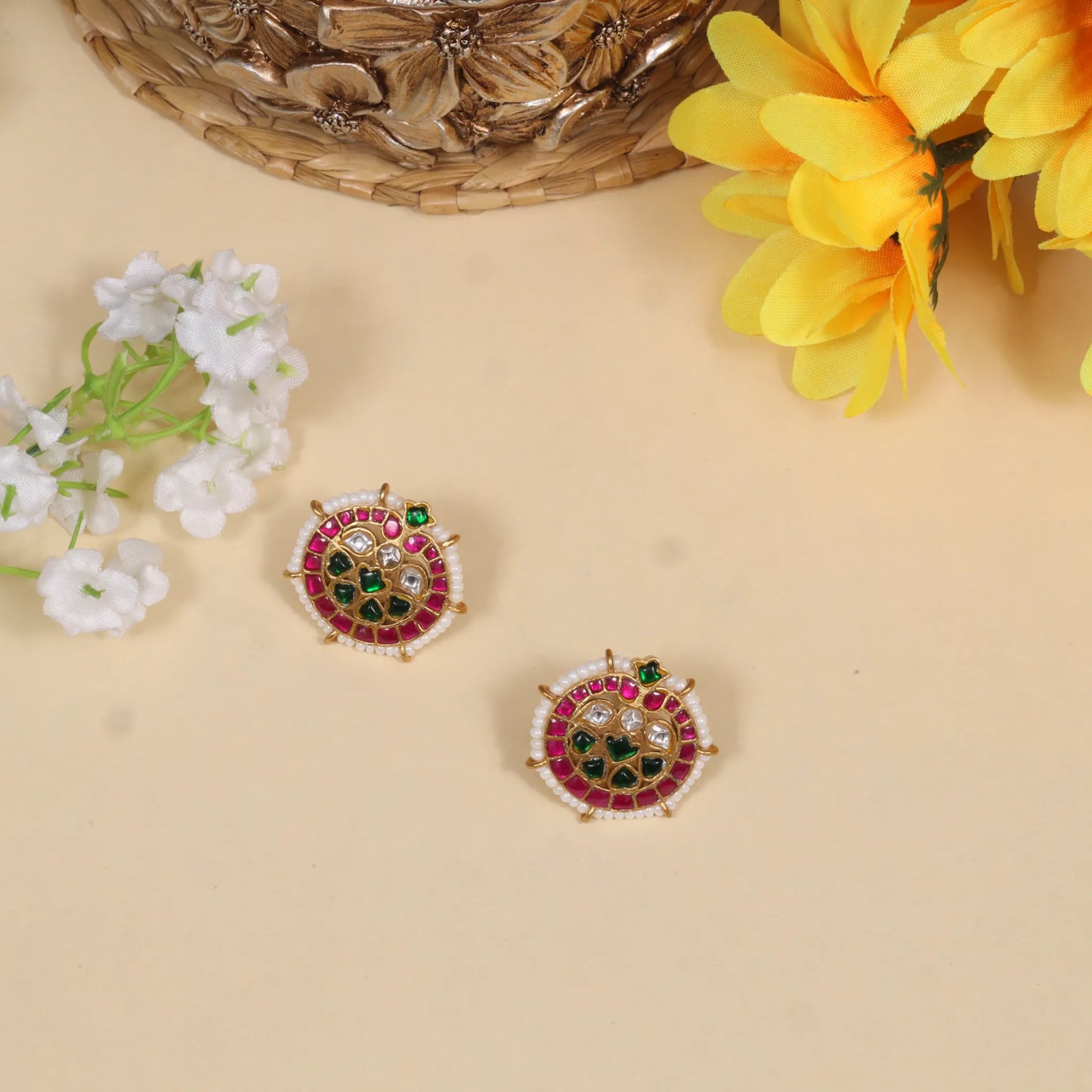 Simple and Beautiful Designer Jadau Kundan Stud Earrings with Pearl Beads