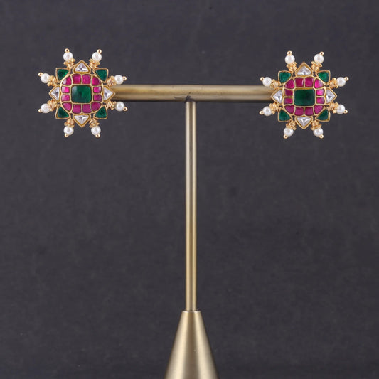 Dashing Designer Jadau Kundan Stud Earrings with Pearl Beads