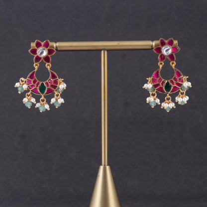 Simple and Classic Designer Jadau Kundan Chandbali Earrings with Pearl and Green Beads Hangings