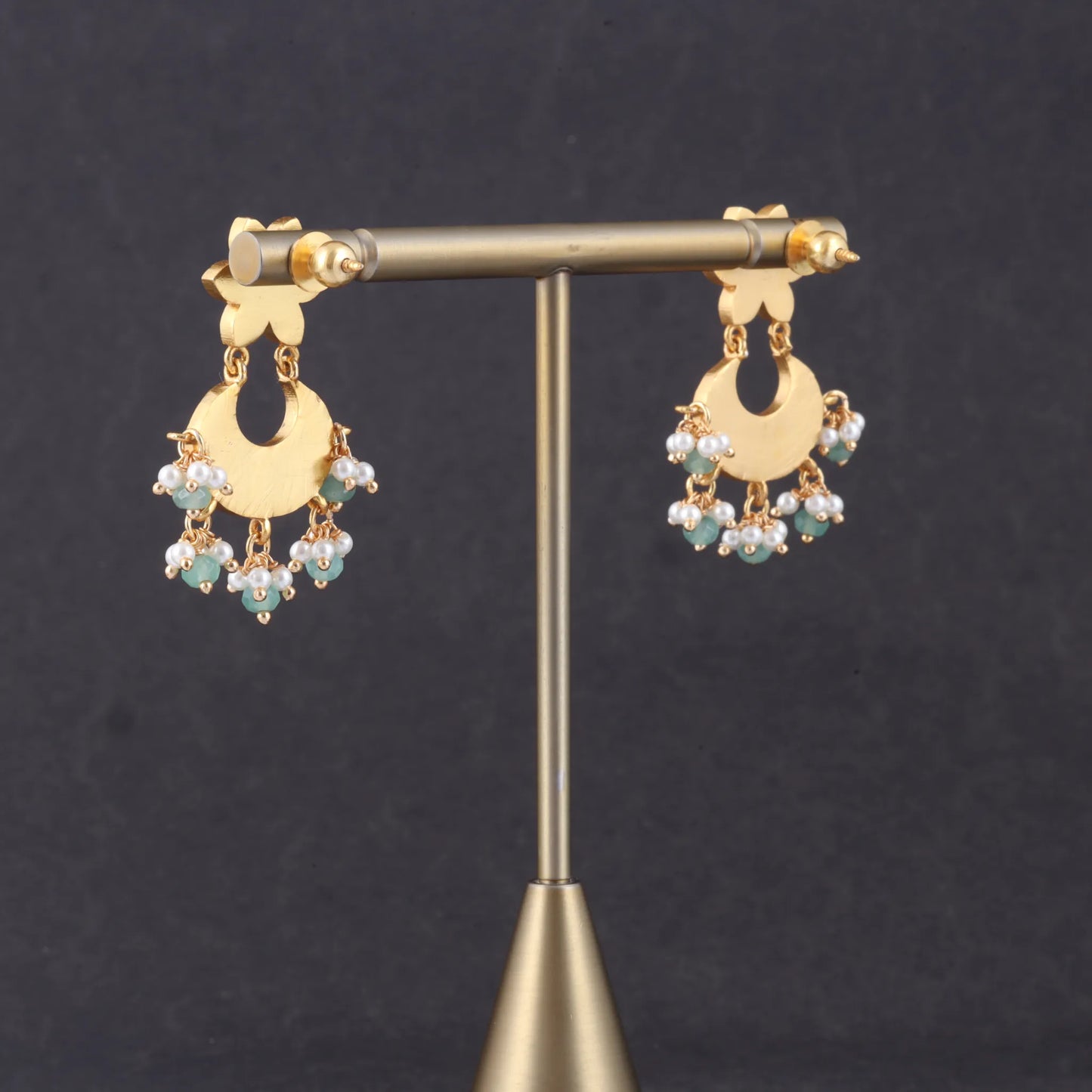 Simple and Classic Designer Jadau Kundan Chandbali Earrings with Pearl and Green Beads Hangings