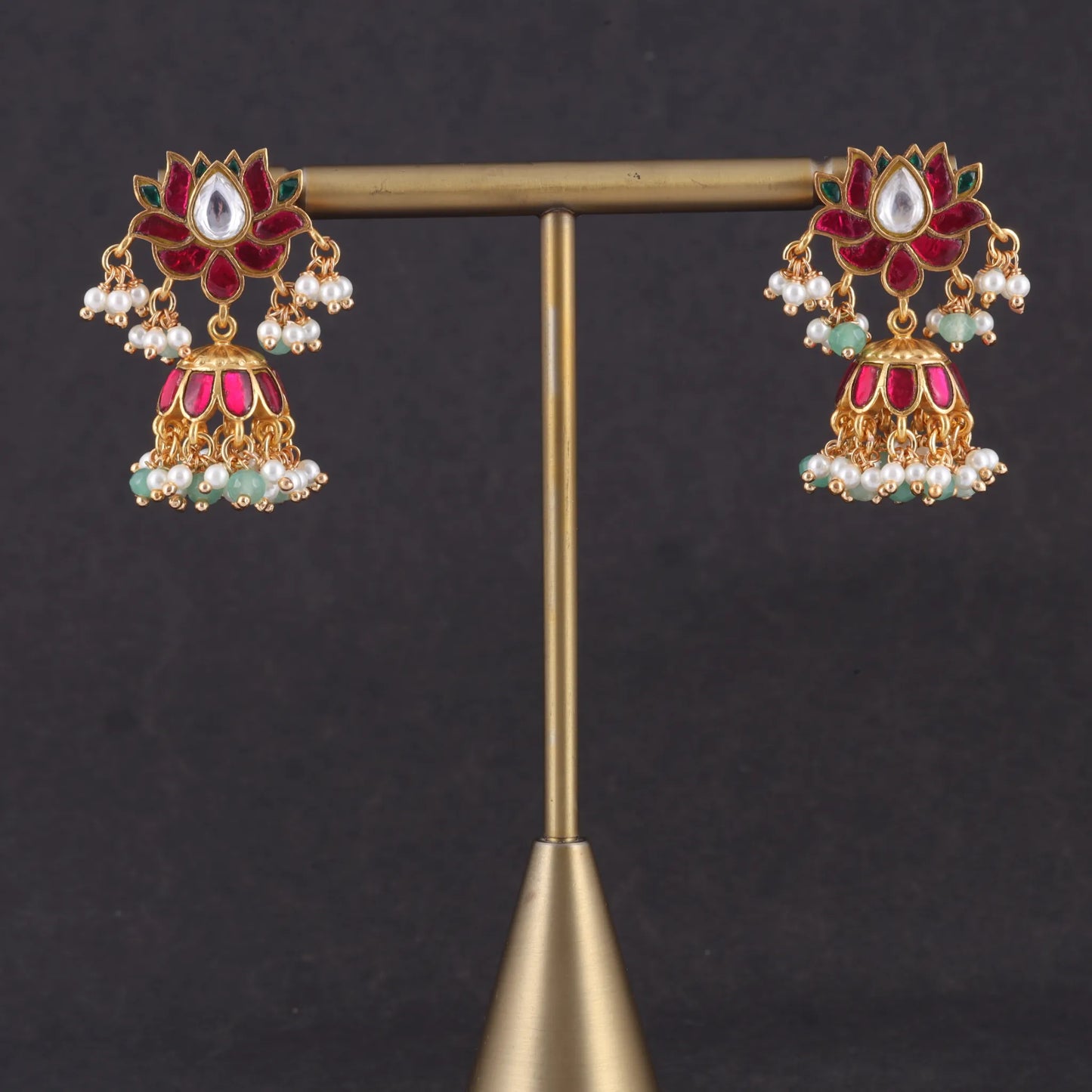 Exquisite Lotus Jadau Kundan Jhumka Earrings with Pearl and Green Beads