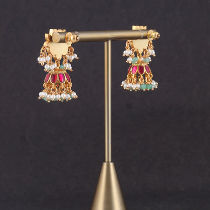 Exquisite Lotus Jadau Kundan Jhumka Earrings with Pearl and Green Beads