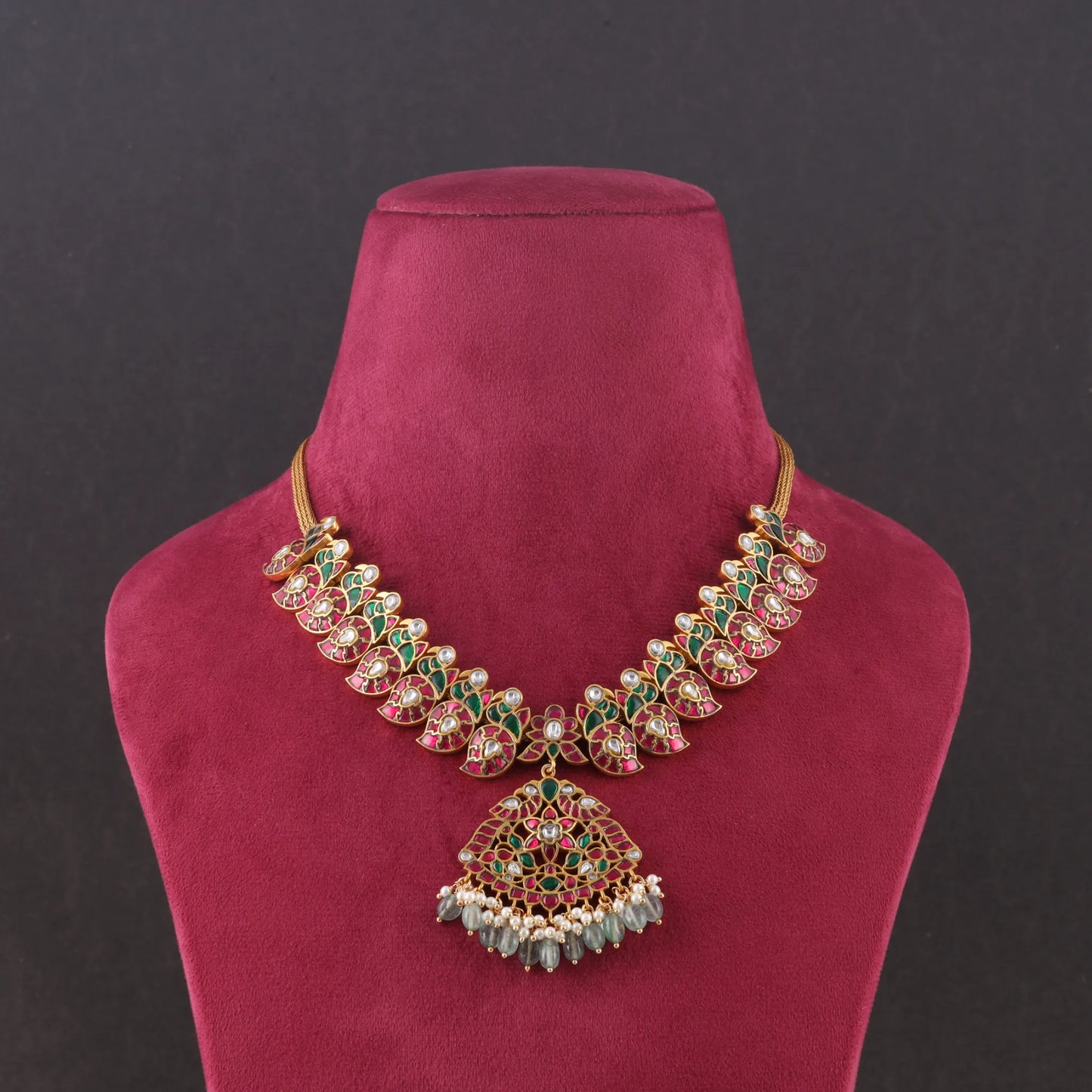 Elegant Designer Peacock Necklace with Real Jadau Kundan, Pearls, and Emerald Green Beads Hangings