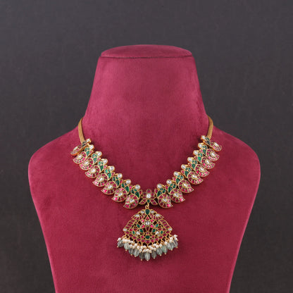 Elegant Designer Peacock Necklace with Real Jadau Kundan, Pearls, and Emerald Green Beads Hangings