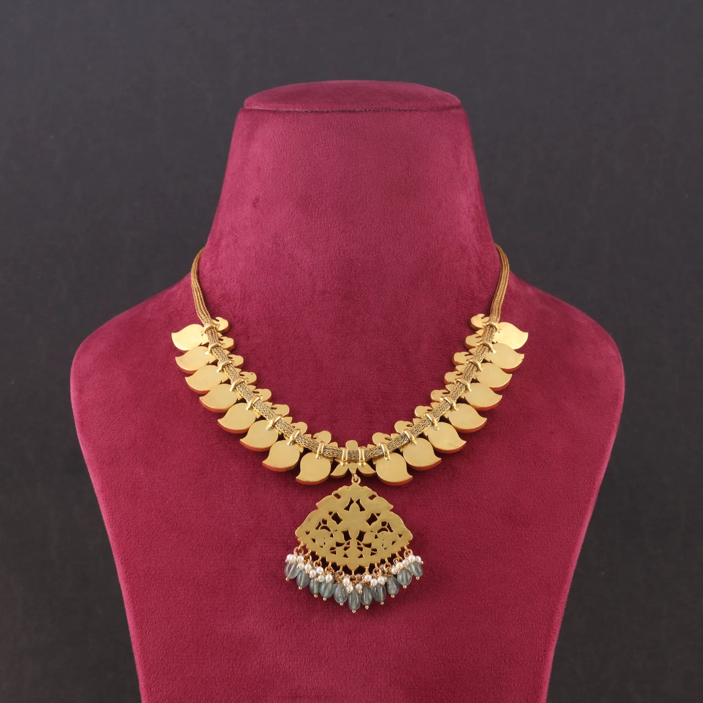 Elegant Designer Peacock Necklace with Real Jadau Kundan, Pearls, and Emerald Green Beads Hangings