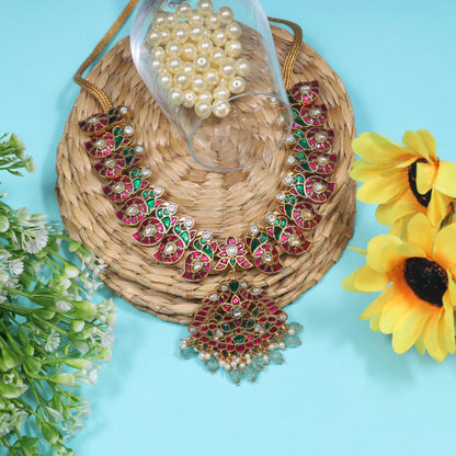 Elegant Designer Peacock Necklace with Real Jadau Kundan, Pearls, and Emerald Green Beads Hangings