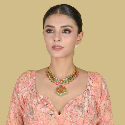 Elegant Designer Peacock Necklace with Real Jadau Kundan, Pearls, and Emerald Green Beads Hangings