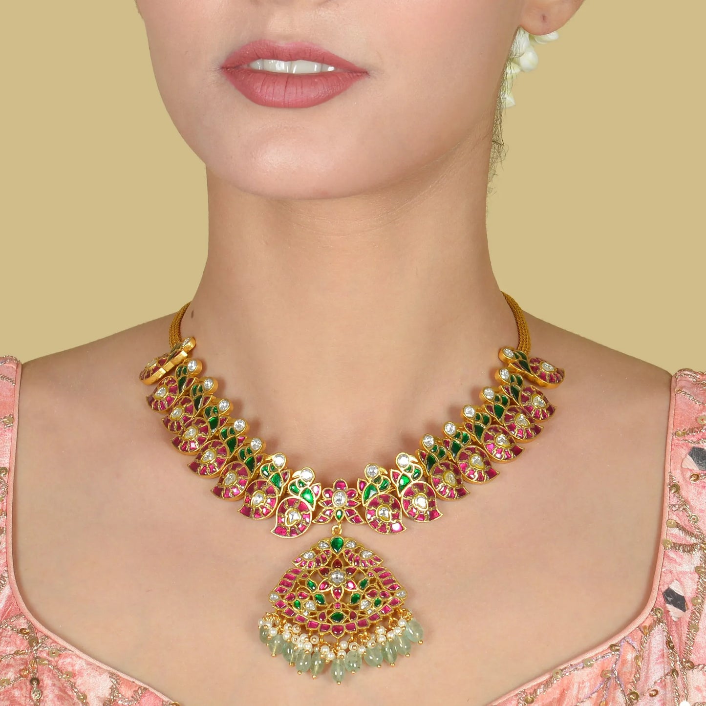 Elegant Designer Peacock Necklace with Real Jadau Kundan, Pearls, and Emerald Green Beads Hangings