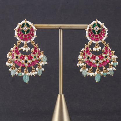 Dashing Designer Jadau Kundan Chandbali Earrings with Pearl and Green Beads Hangings