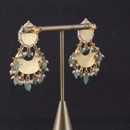 Dashing Designer Jadau Kundan Chandbali Earrings with Pearl and Green Beads Hangings