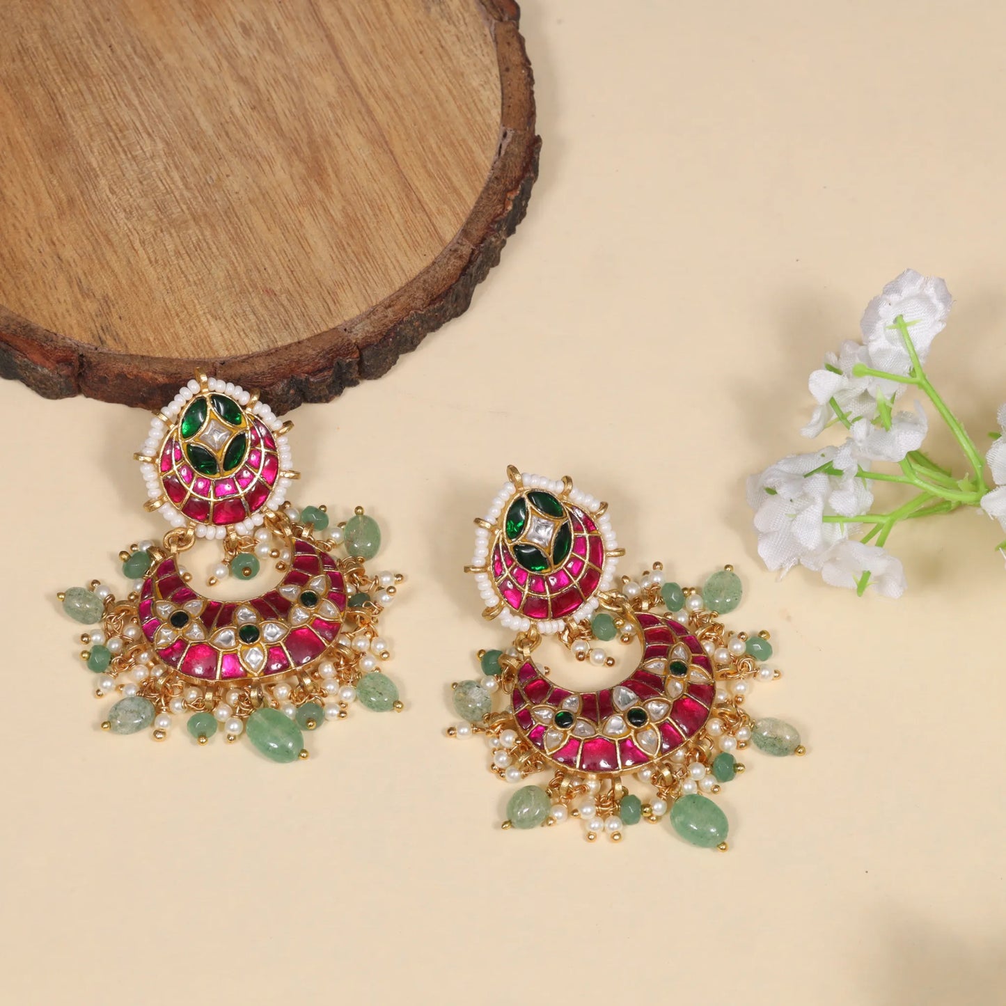 Dashing Designer Jadau Kundan Chandbali Earrings with Pearl and Green Beads Hangings