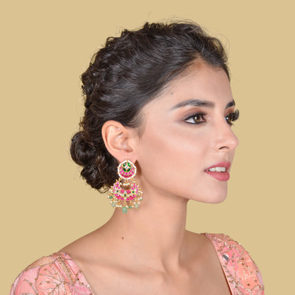 Dashing Designer Jadau Kundan Chandbali Earrings with Pearl and Green Beads Hangings