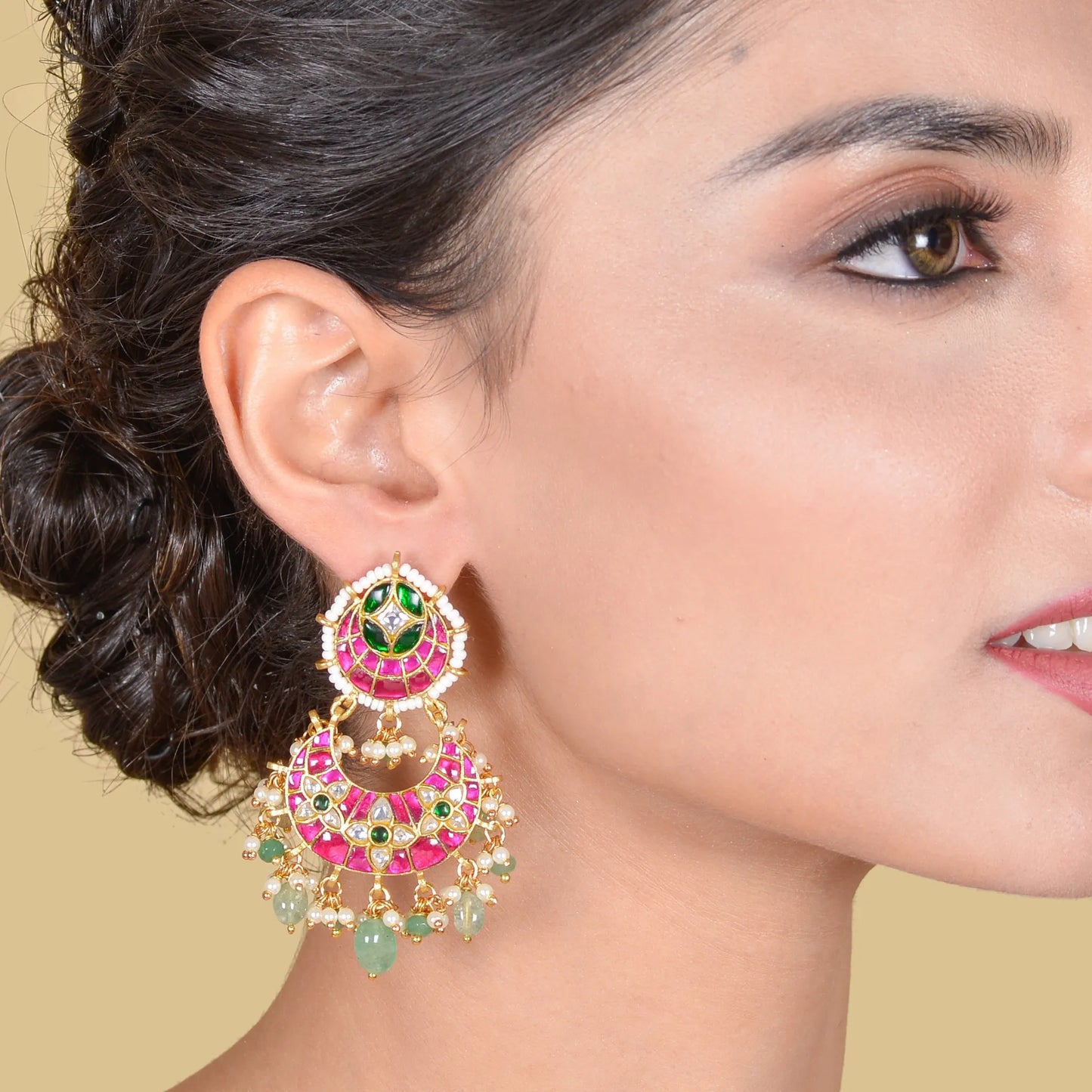 Dashing Designer Jadau Kundan Chandbali Earrings with Pearl and Green Beads Hangings