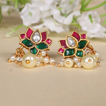 Gorgeous Lotus Jadau Kundan Stud Earrings with Pearl Beads Hangings