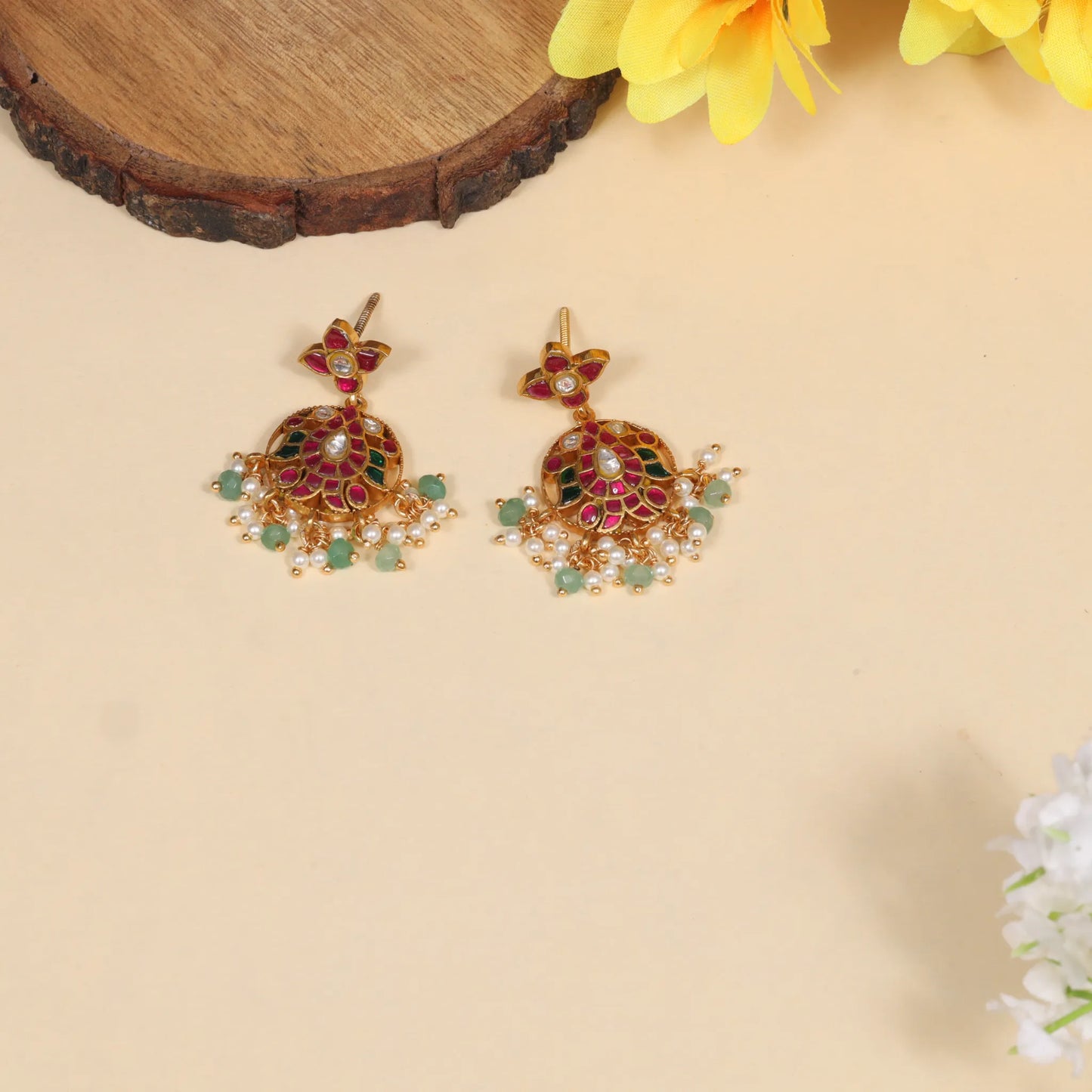 Aesthetic Designer Jadau Kundan Earrings with Pearl and Green Beads Hangings