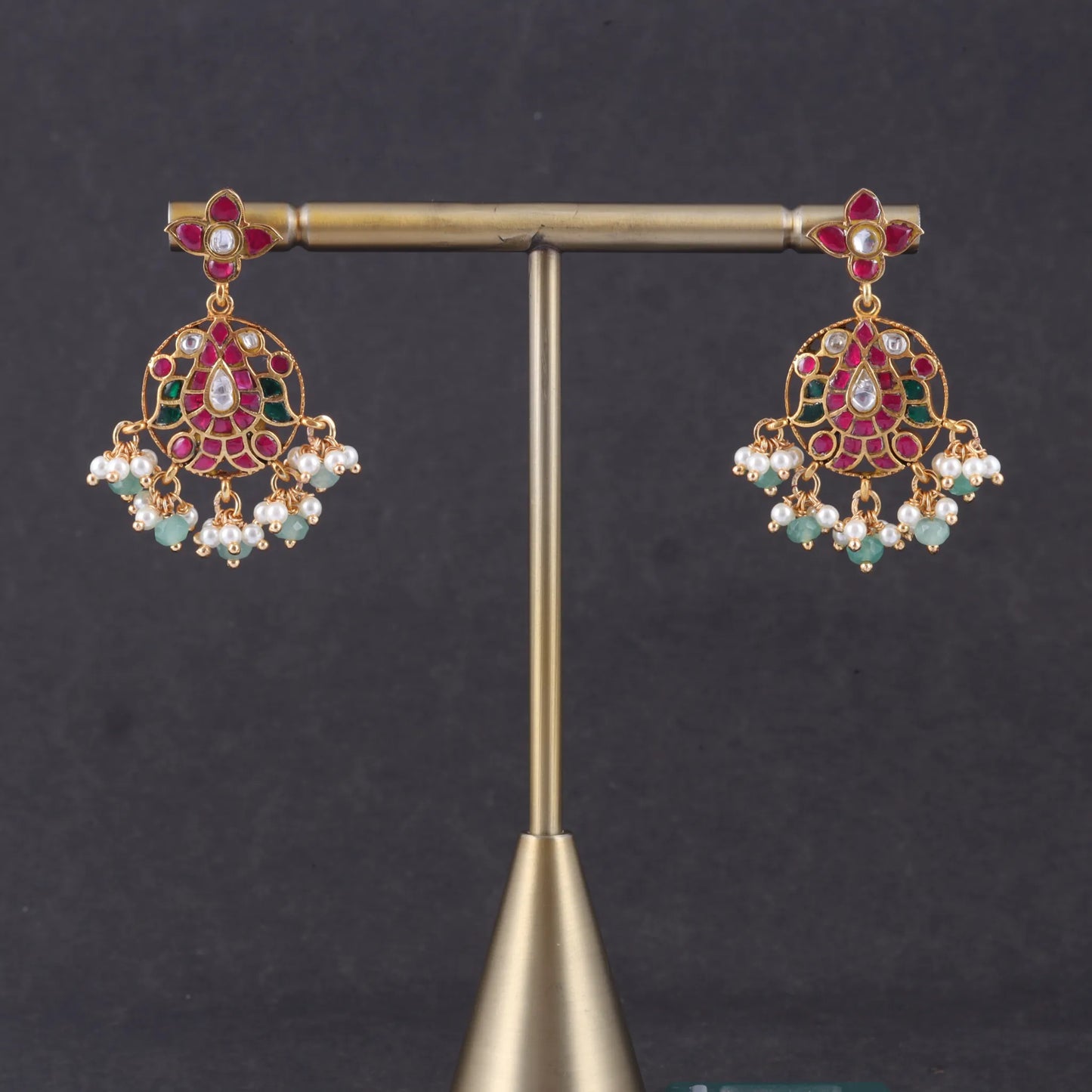 Aesthetic Designer Jadau Kundan Earrings with Pearl and Green Beads Hangings