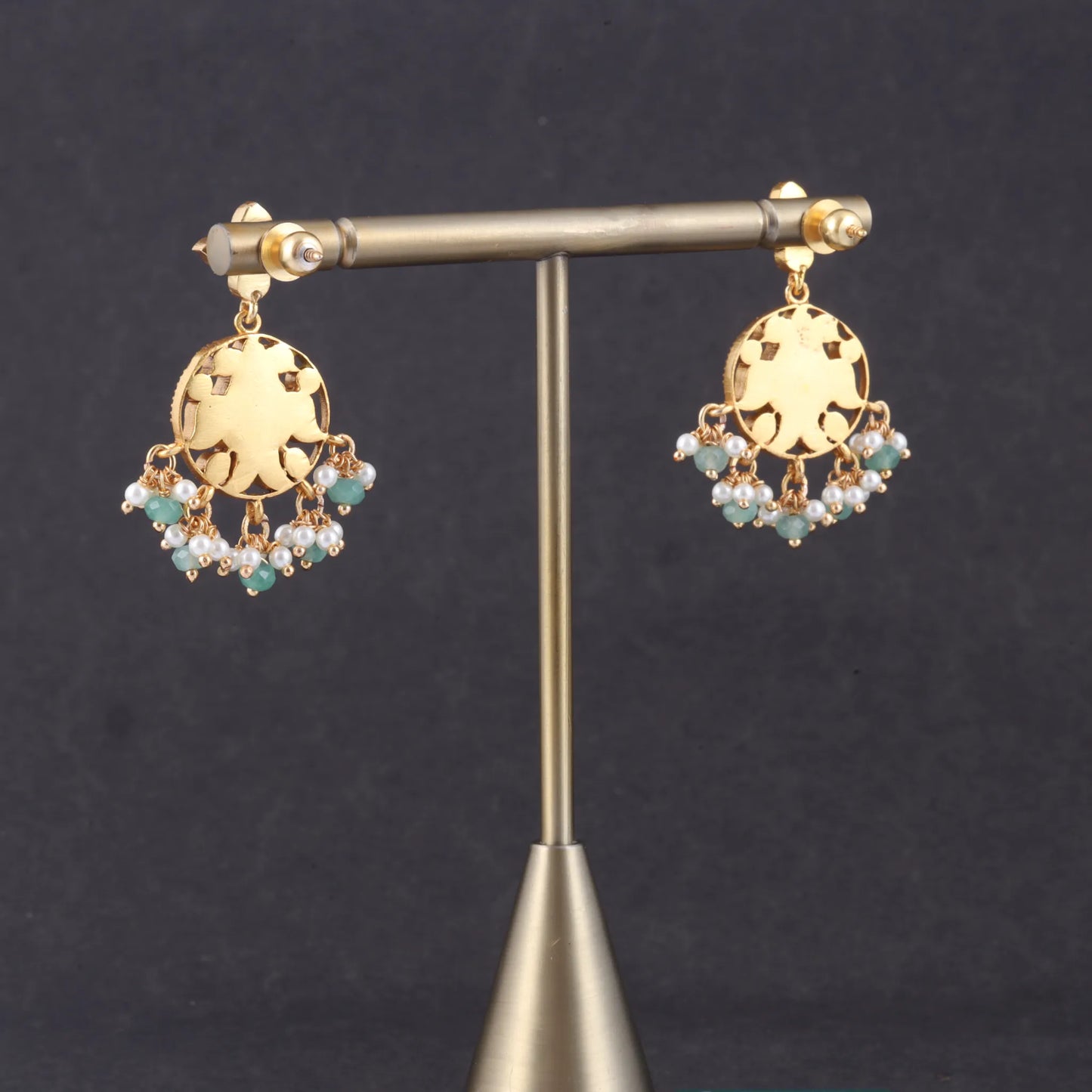 Aesthetic Designer Jadau Kundan Earrings with Pearl and Green Beads Hangings