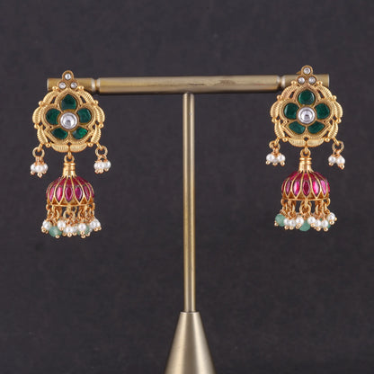 Charming Jadau Kundan Jhumka Earrings with Pearl and Green Beads