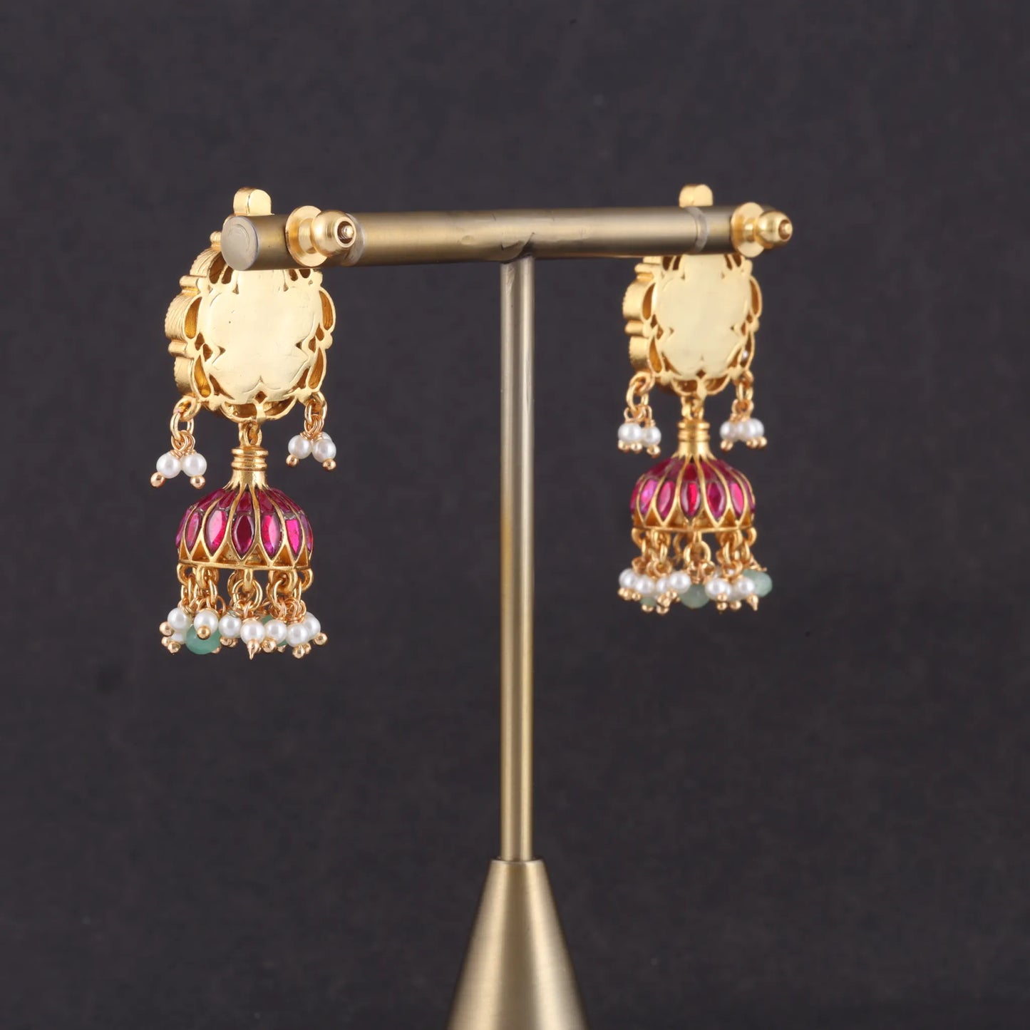 Charming Jadau Kundan Jhumka Earrings with Pearl and Green Beads