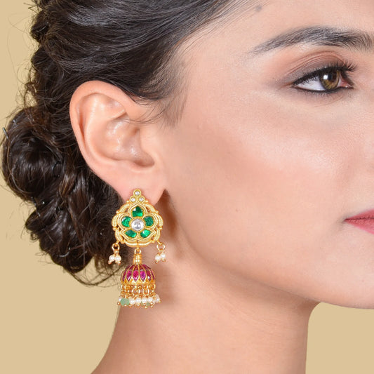 Charming Jadau Kundan Jhumka Earrings with Pearl and Green Beads