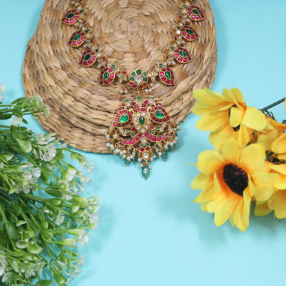 Classic Jadau Kundan Necklace with Mango Chain and Designer Peacock Pendant