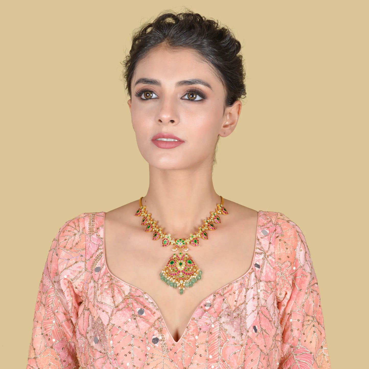 Classic Jadau Kundan Necklace with Mango Chain and Designer Peacock Pendant