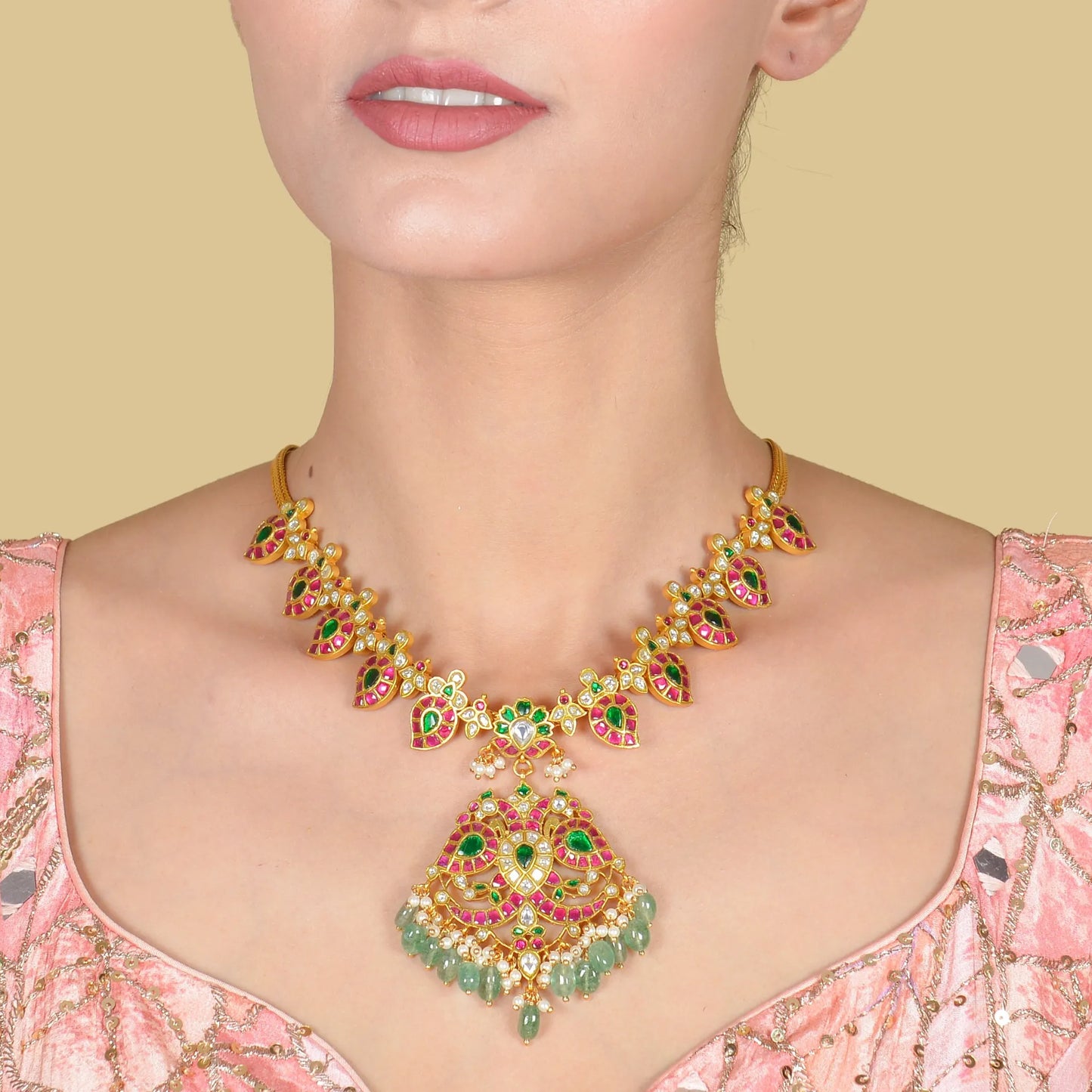 Classic Jadau Kundan Necklace with Mango Chain and Designer Peacock Pendant