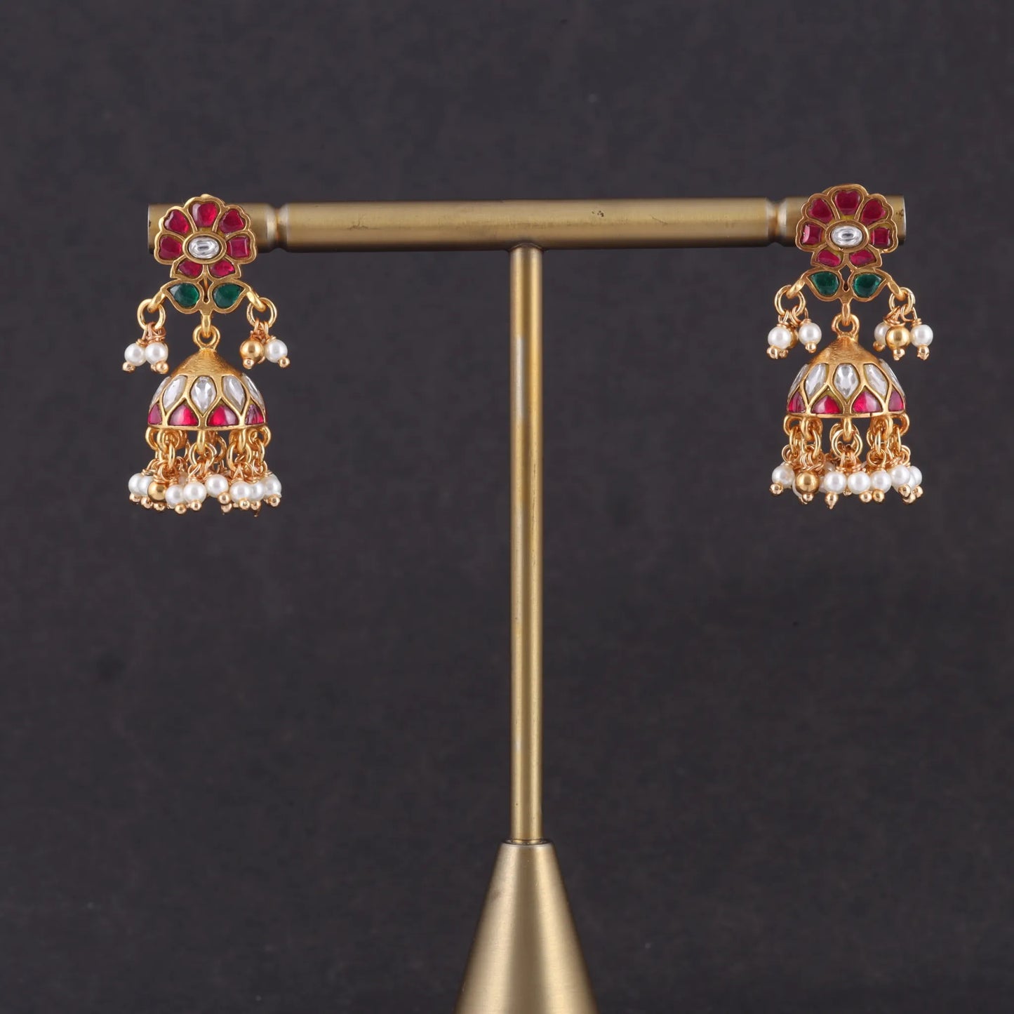 Delicate Designer Jadau Kundan Jhumka Earrings with Pearl Beads Hangings