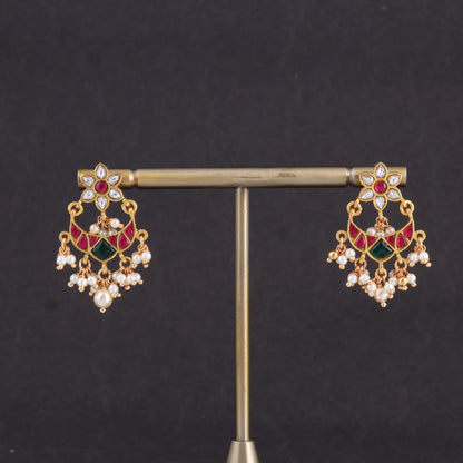 Simple and Cute Designer Floral Chandbali Earrings with Pearl Beads Hangings