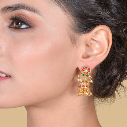 Delicate Designer Jadau Kundan Jhumka Earrings with Pearl Beads Hangings