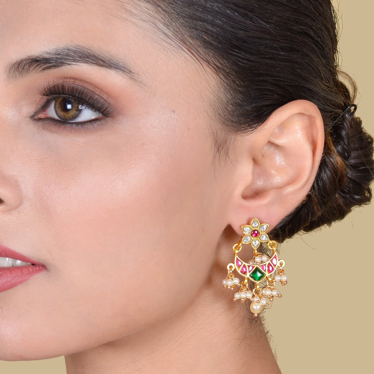 Simple and Cute Designer Floral Chandbali Earrings with Pearl Beads Hangings