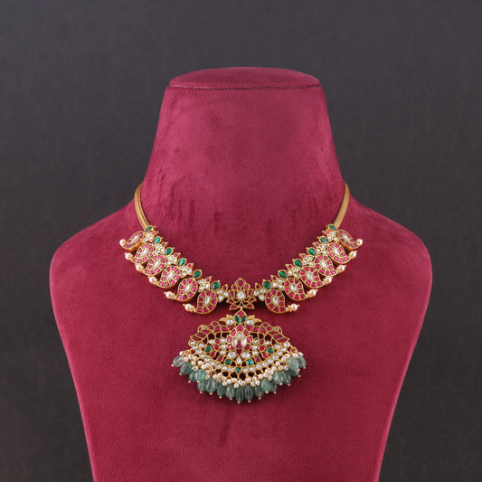 Classic Gold Plated Jadau Kundan Mango Necklace with Green Beads Hangings