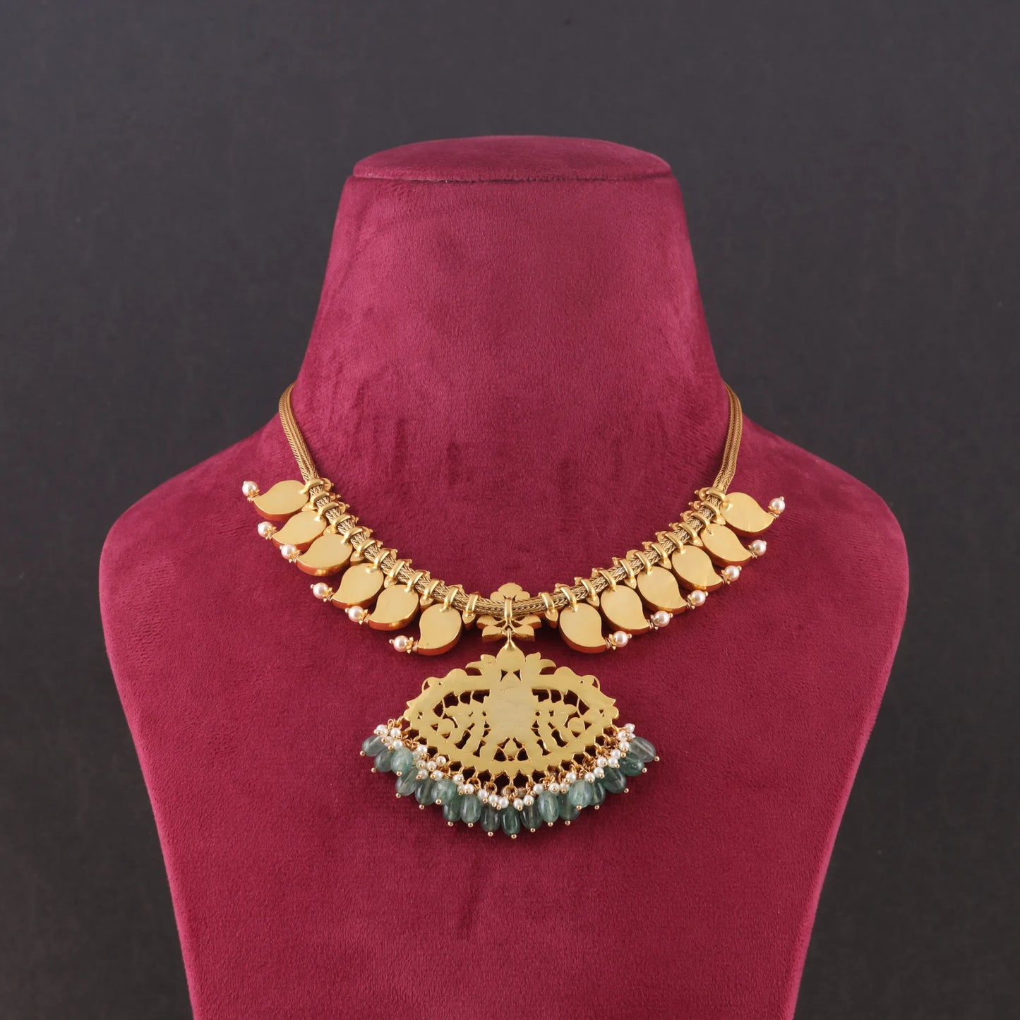 Classic Gold Plated Jadau Kundan Mango Necklace with Green Beads Hangings