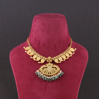 Classic Gold Plated Jadau Kundan Mango Necklace with Green Beads Hangings