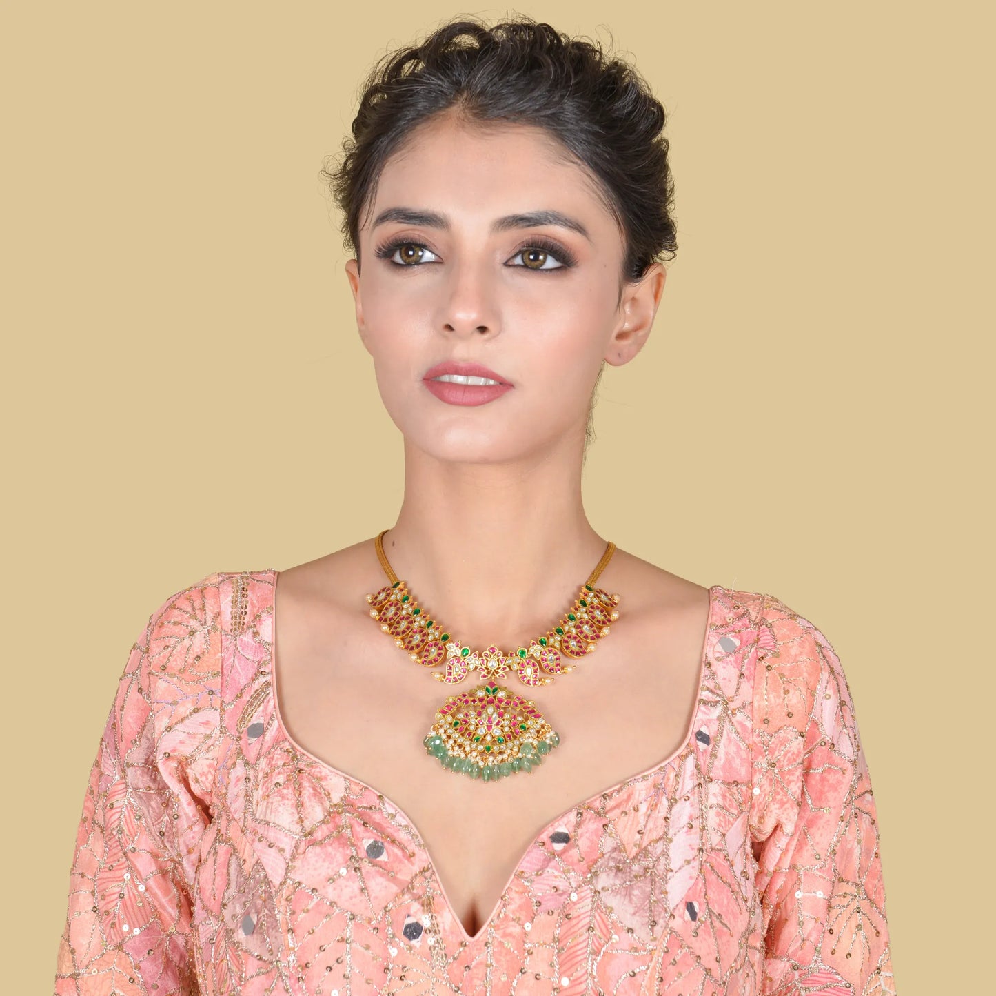 Classic Gold Plated Jadau Kundan Mango Necklace with Green Beads Hangings