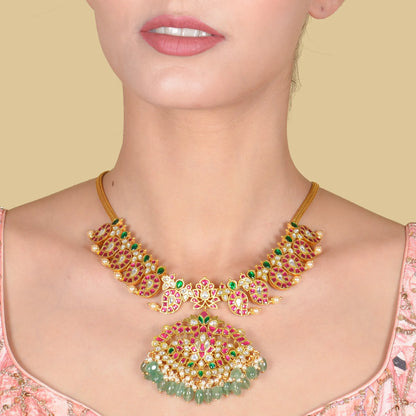 Classic Gold Plated Jadau Kundan Mango Necklace with Green Beads Hangings