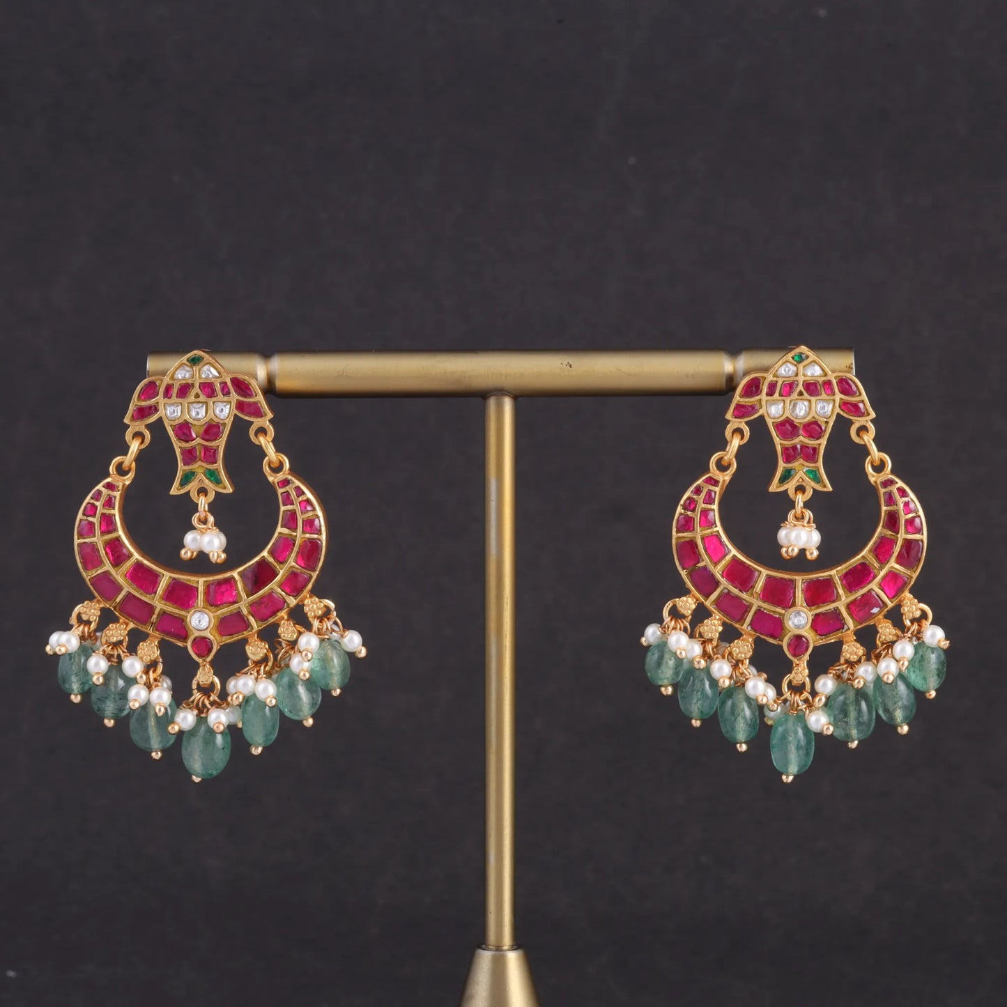 Designer Fish Motif Jadau Kundan Chandbali Earrings with Pearl and Green Beads Hangings