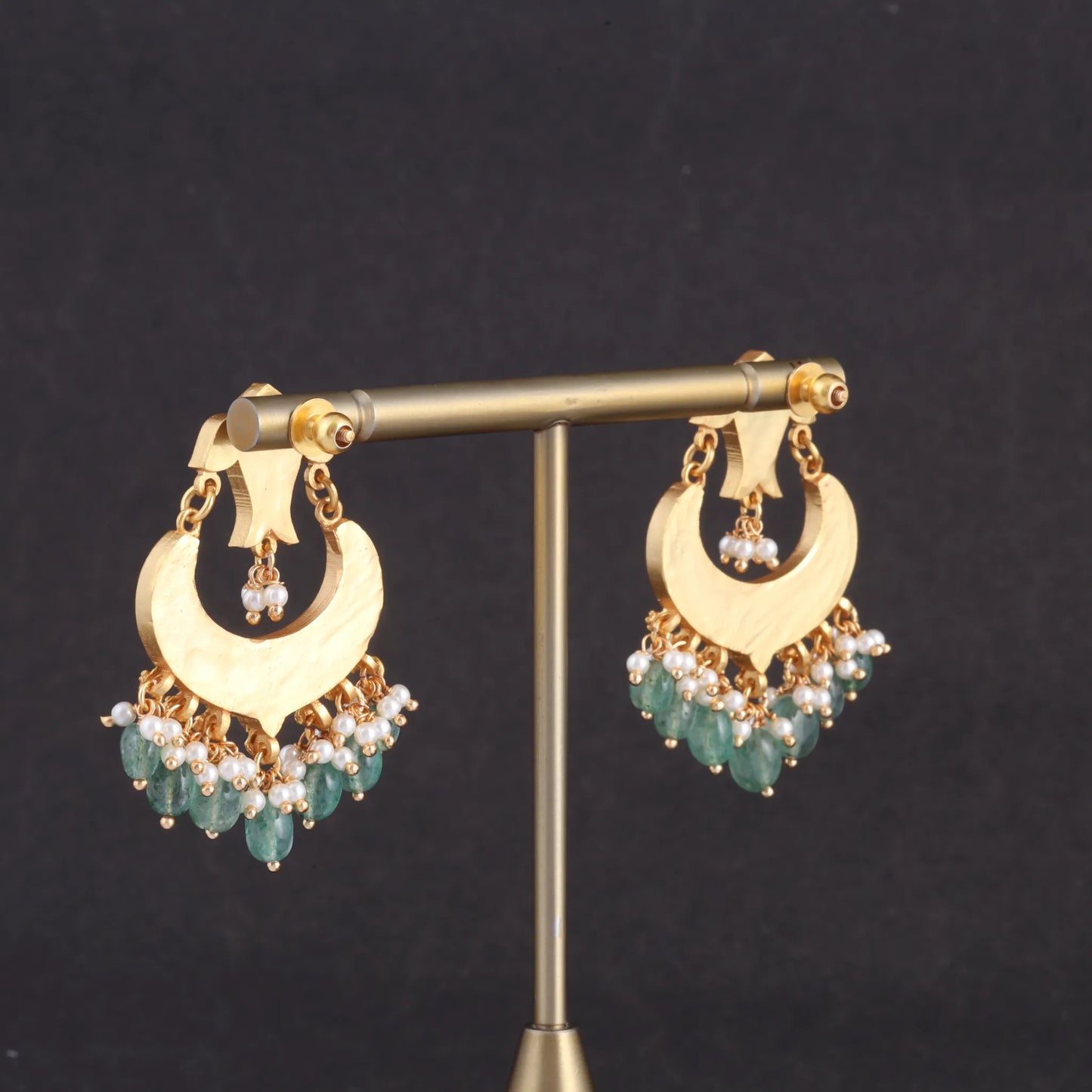 Designer Fish Motif Jadau Kundan Chandbali Earrings with Pearl and Green Beads Hangings