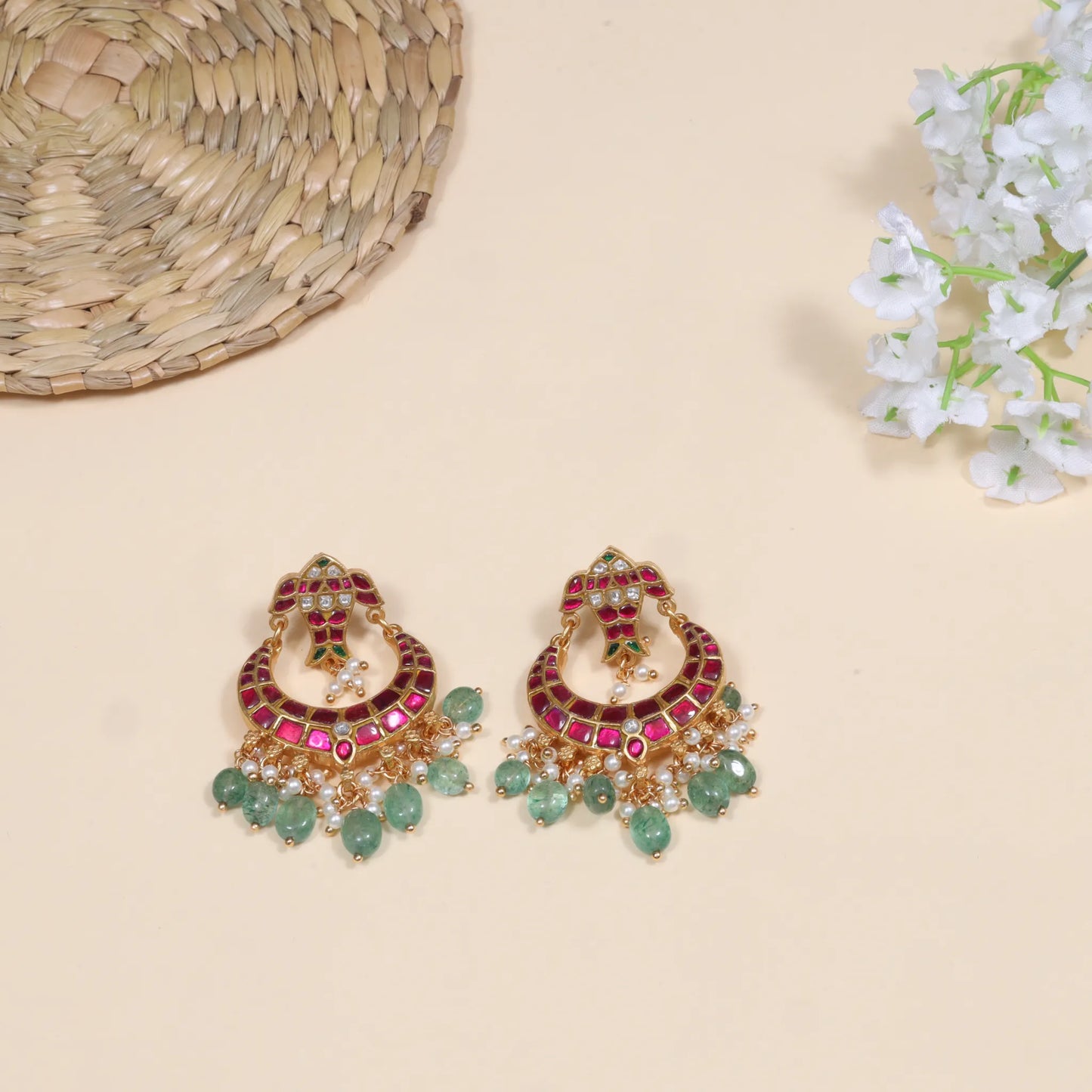 Designer Fish Motif Jadau Kundan Chandbali Earrings with Pearl and Green Beads Hangings